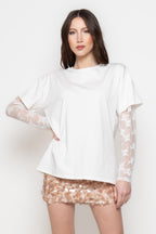 T-Shirt Donna Oversize con Maniche in Pizzo Trasparente