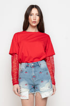 pantaloncini Shorts Donna Denim con Ricamo Ciliegie e Dettagli Destroyed