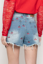 pantaloncini Shorts Donna Denim con Ricamo Ciliegie e Dettagli Destroyed