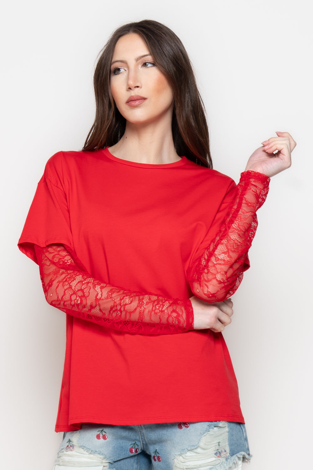 T-Shirt Donna Oversize con Maniche in Pizzo Trasparente