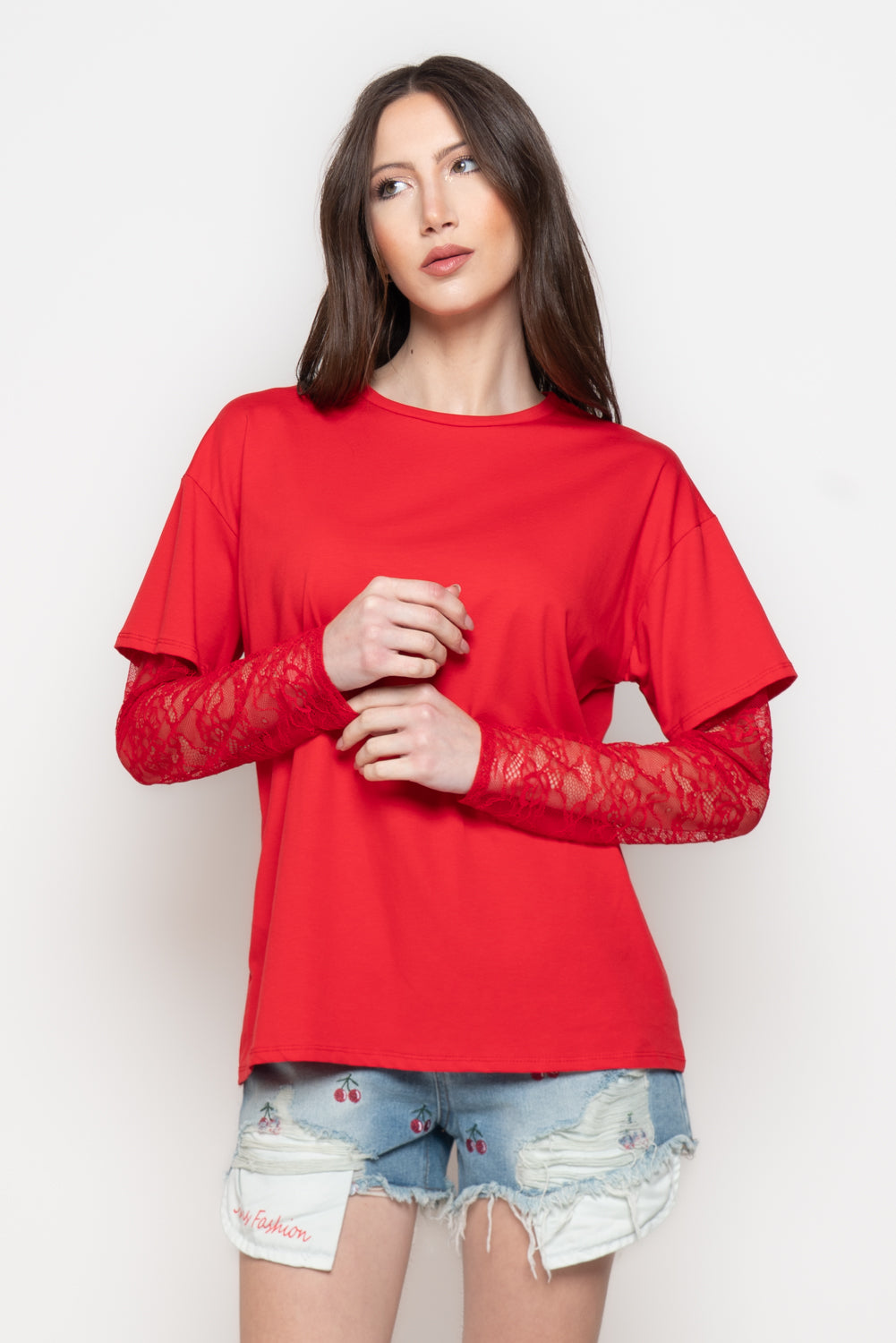 T-Shirt Donna Oversize con Maniche in Pizzo Trasparente Immagine secondaria del prodotto