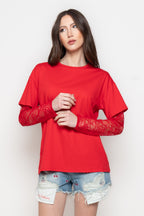 T-Shirt Donna Oversize con Maniche in Pizzo Trasparente