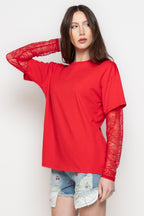 T-Shirt Donna Oversize con Maniche in Pizzo Trasparente