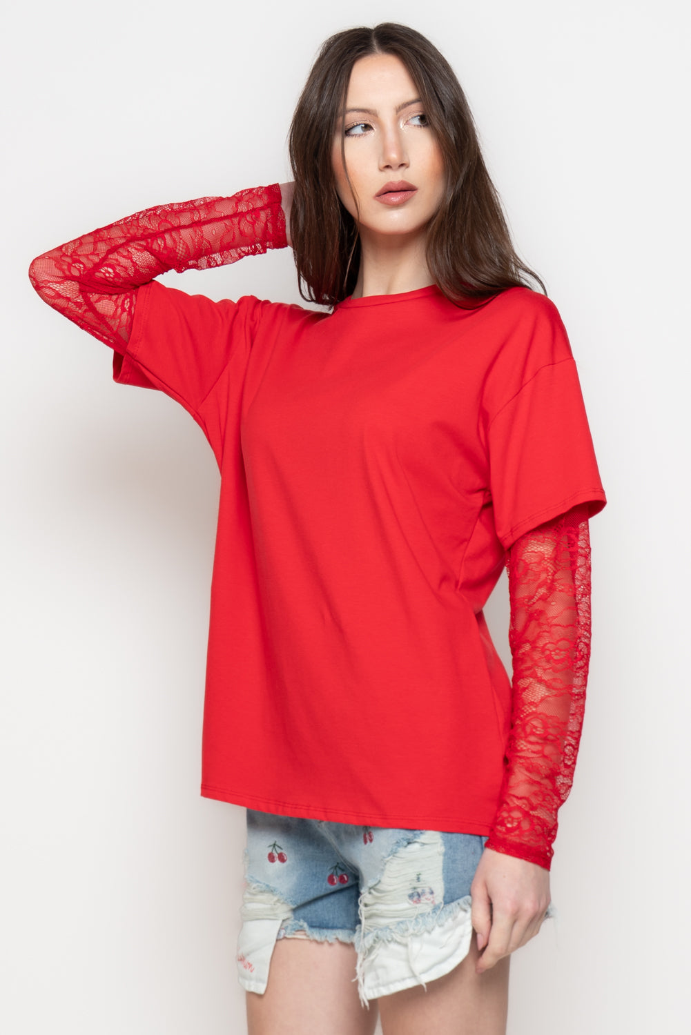 T-Shirt Donna Oversize con Maniche in Pizzo Trasparente