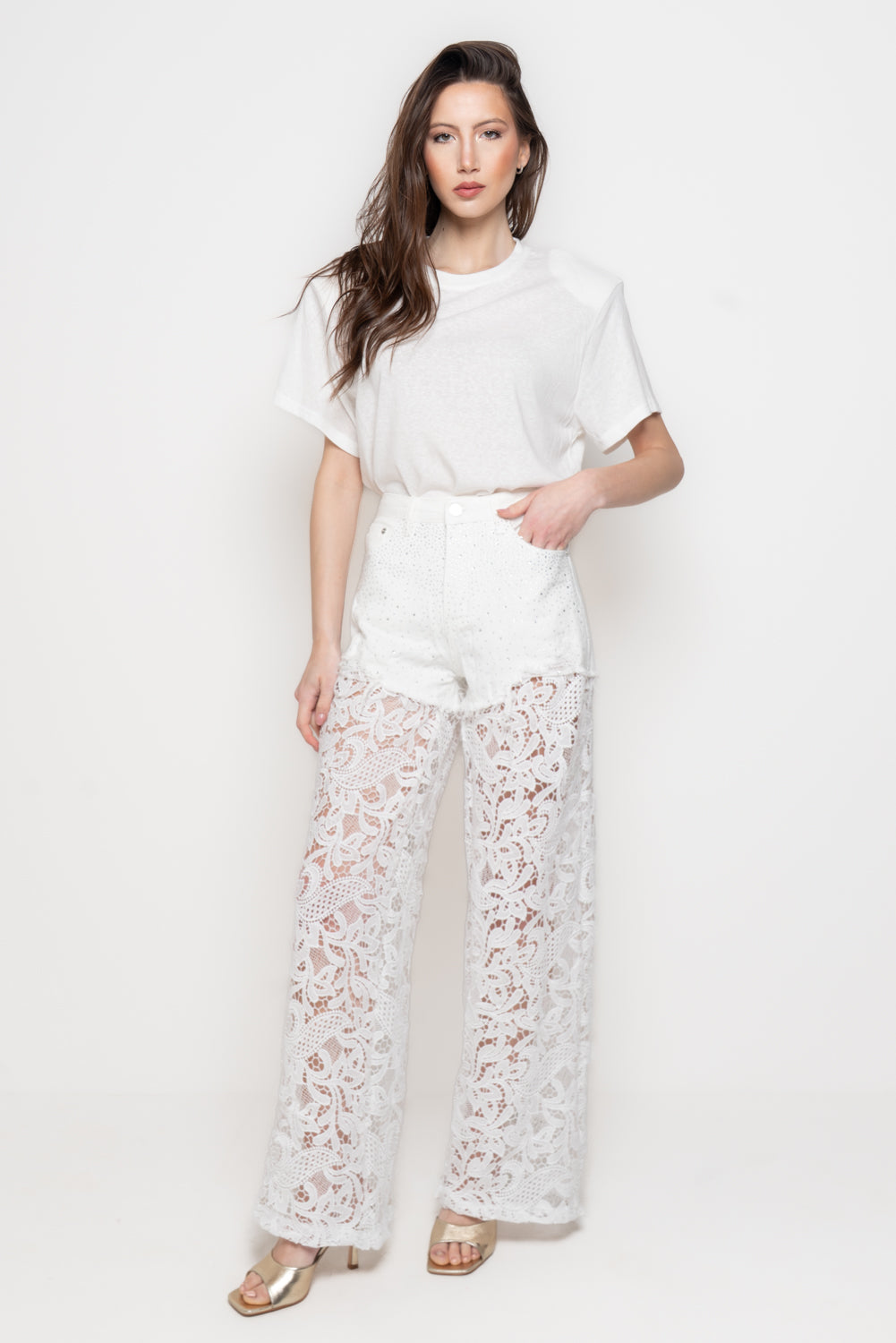 Jeans Donna Palazzo in Pizzo Floreale con Shorts Integrati Immagine principale del prodotto