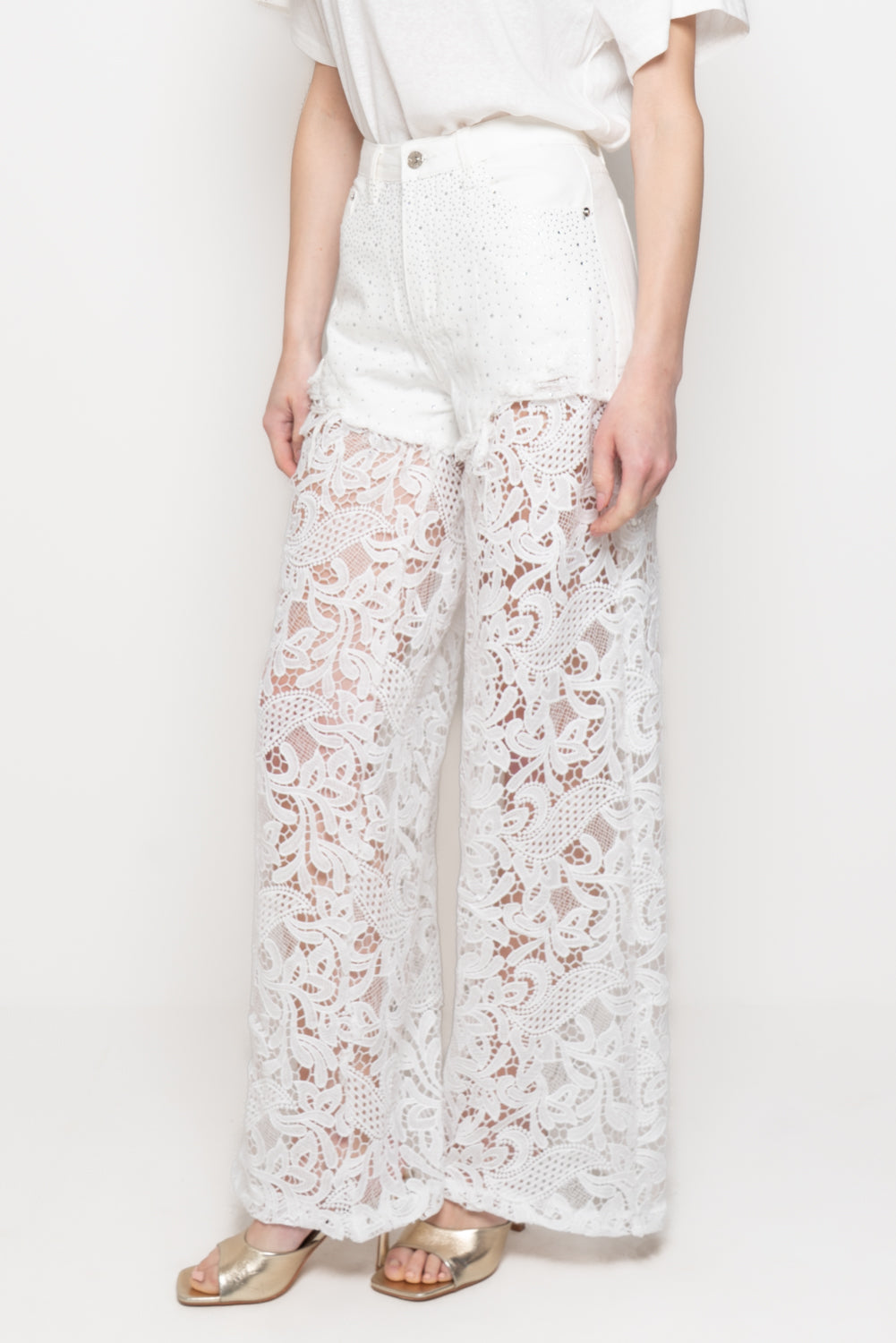 Jeans Donna Palazzo in Pizzo Floreale con Shorts Integrati
