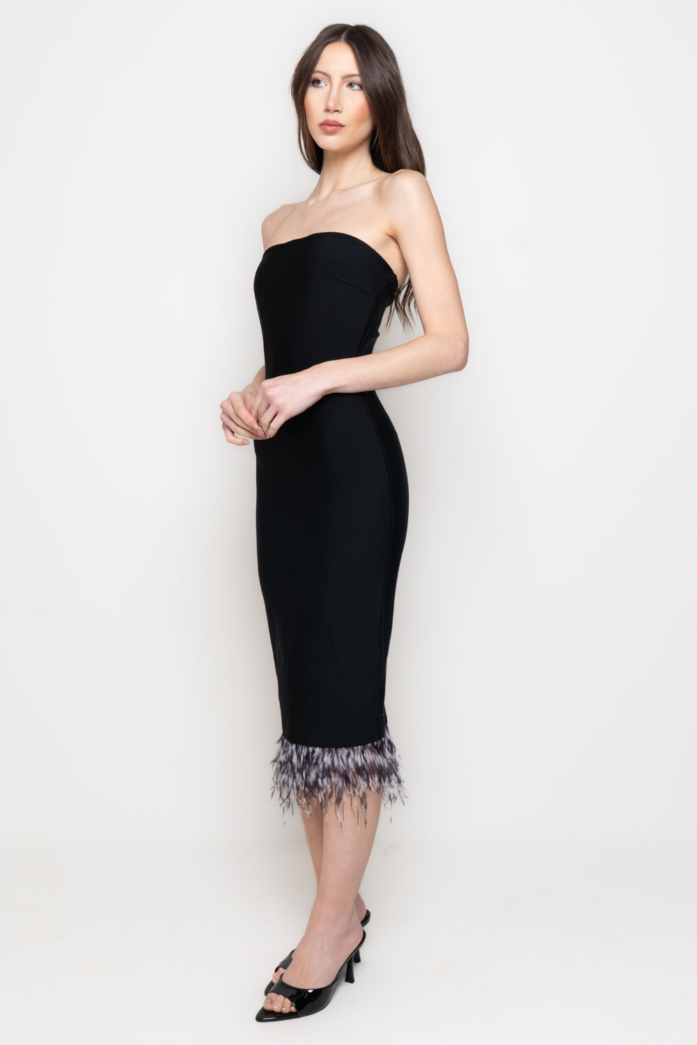 Abito Midi Donna Strapless con Piume Secondary image
