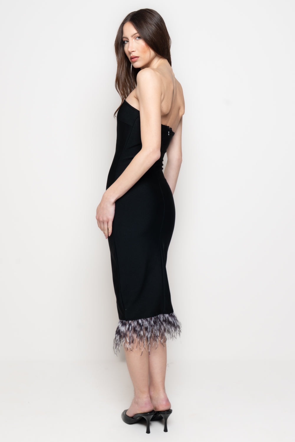 Abito Midi Donna Strapless con Piume