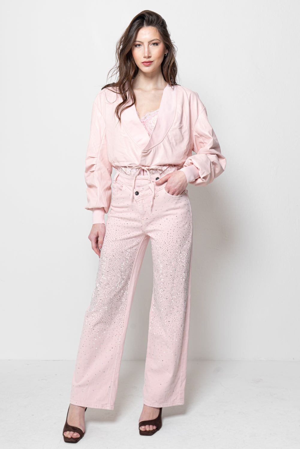 Pantaloni Donna Rosa - Wide Leg con Strass Luminosi