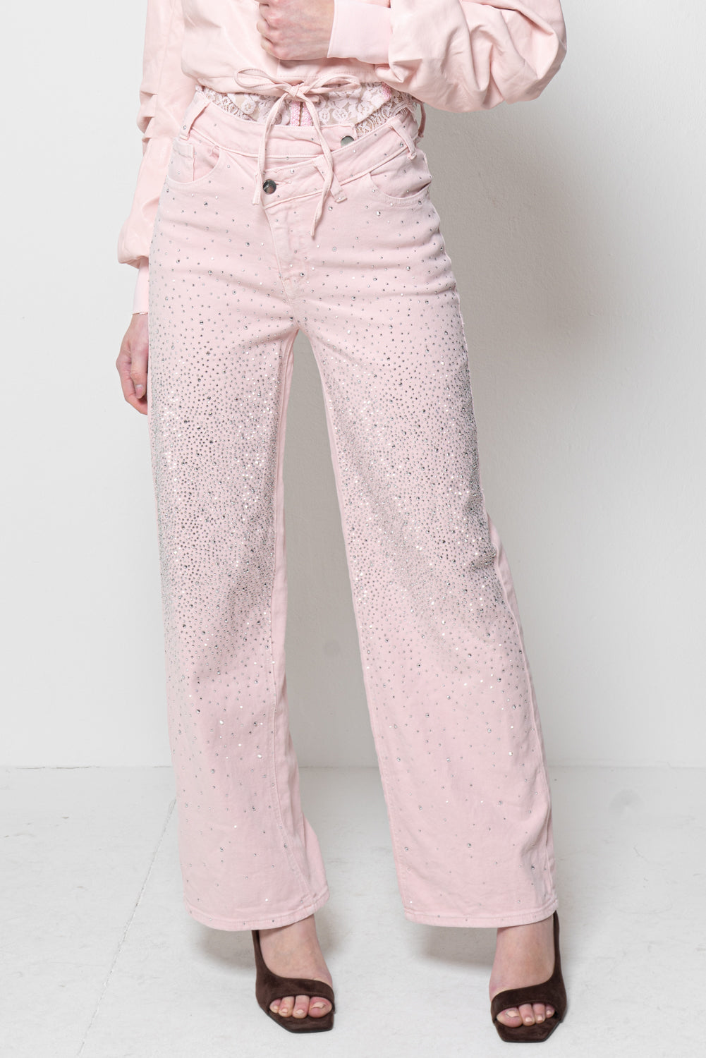 Pantaloni Donna Rosa - Wide Leg con Strass Luminosi Immagine secondaria del prodotto