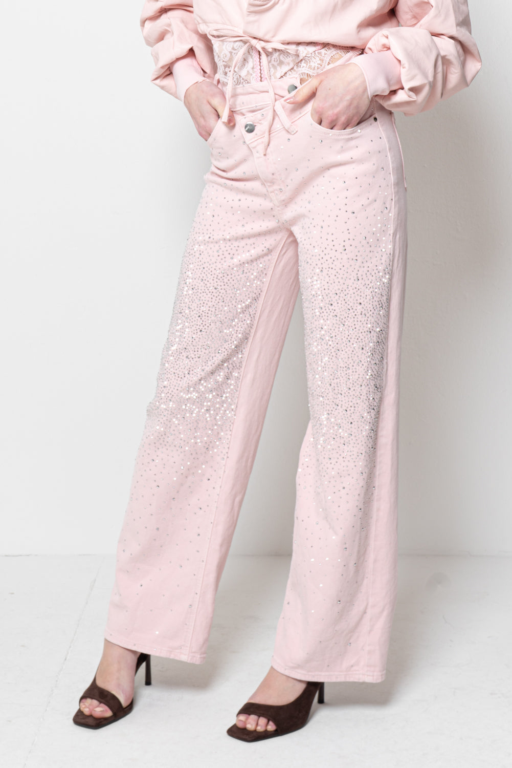 Pantaloni Donna Rosa - Wide Leg con Strass Luminosi