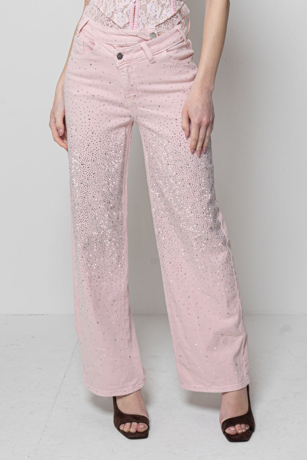 Pantaloni Donna Rosa - Wide Leg con Strass Luminosi
