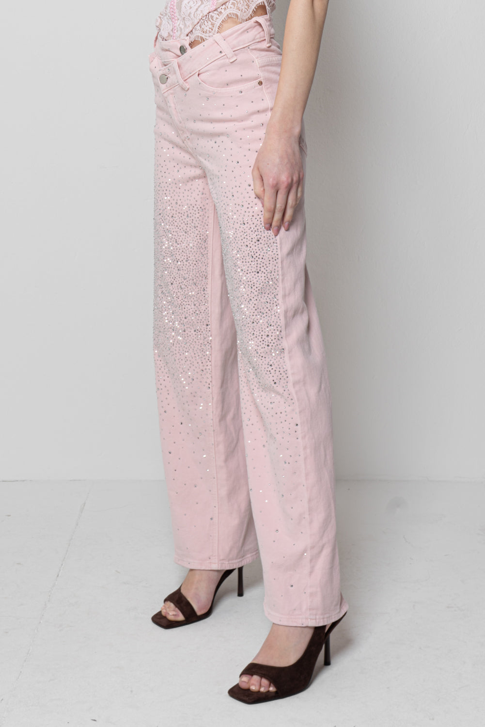 Pantaloni Donna Rosa - Wide Leg con Strass Luminosi