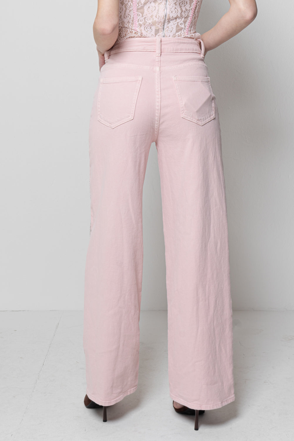 Pantaloni Donna Rosa - Wide Leg con Strass Luminosi