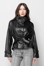 Giacca Donna Nera Effetto Pelle - Corta con Cintura Elegante