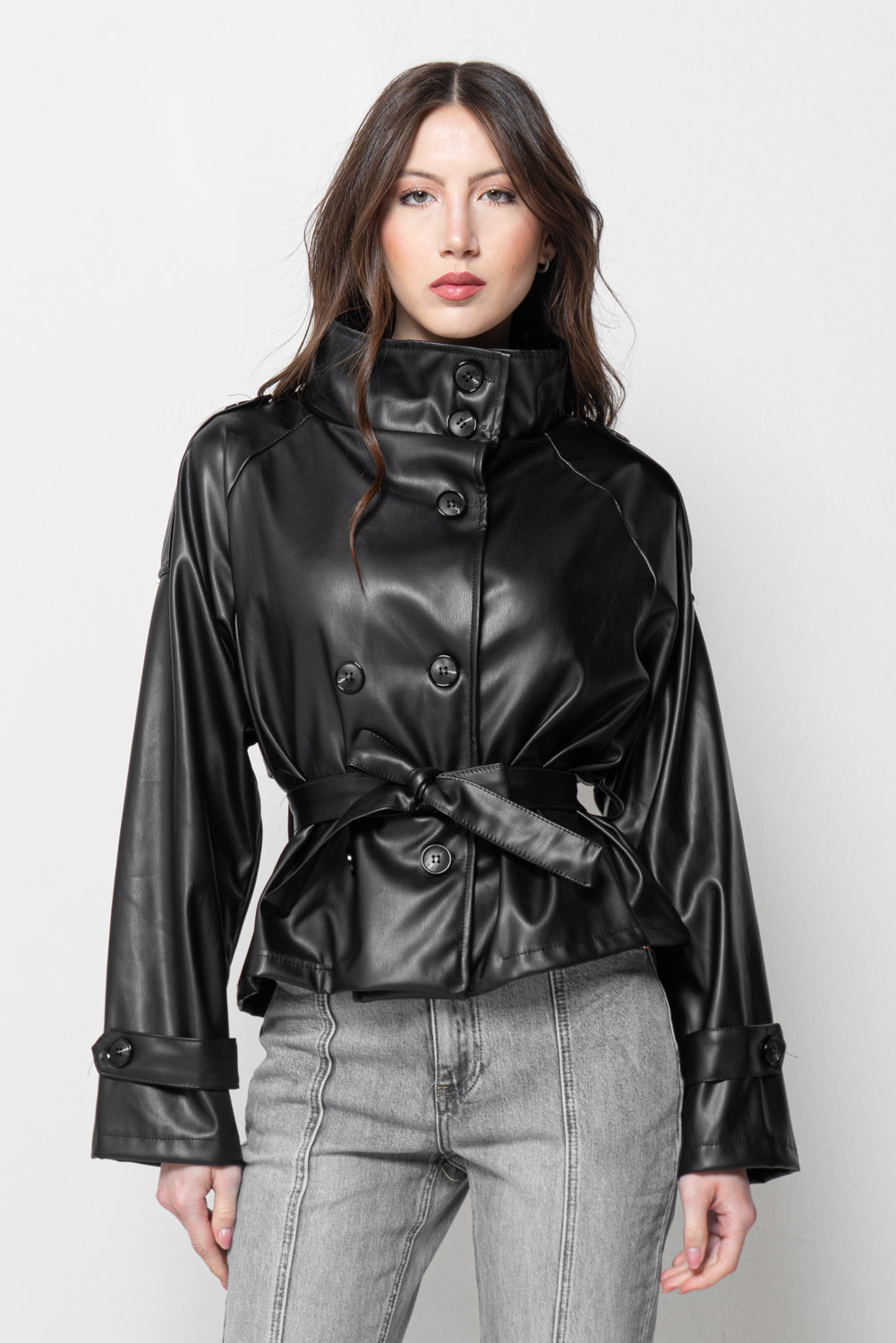 Giacca Donna Nera Effetto Pelle - Corta con Cintura Elegante