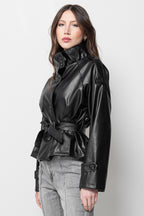 Giacca Donna Nera Effetto Pelle - Corta con Cintura Elegante