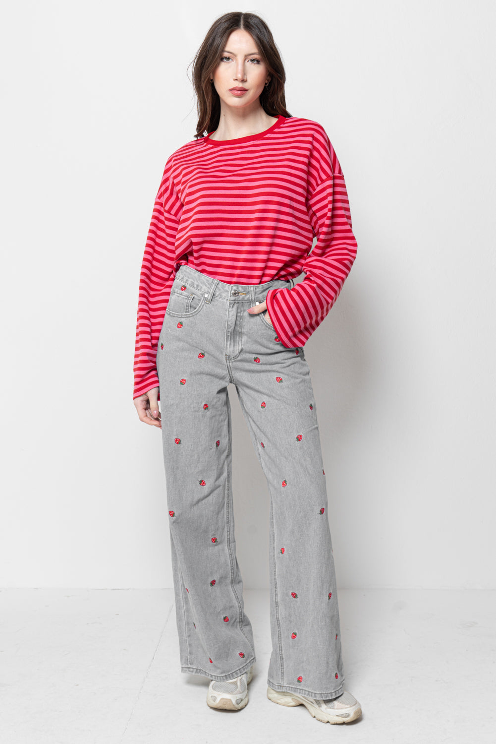 Pantaloni Jeans Donna Grigi Wide Leg - Ricami Fragole