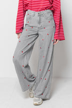 Pantaloni Jeans Donna Grigi Wide Leg - Ricami Fragole