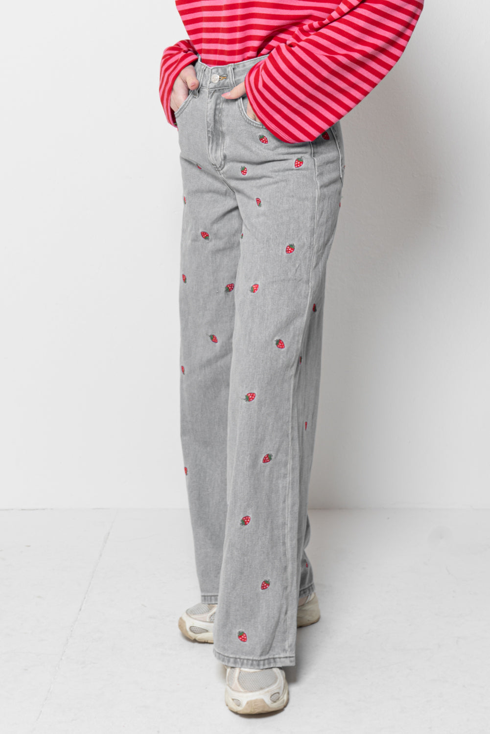 Pantaloni Jeans Donna Grigi Wide Leg - Ricami Fragole
