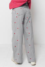 Pantaloni Jeans Donna Grigi Wide Leg - Ricami Fragole