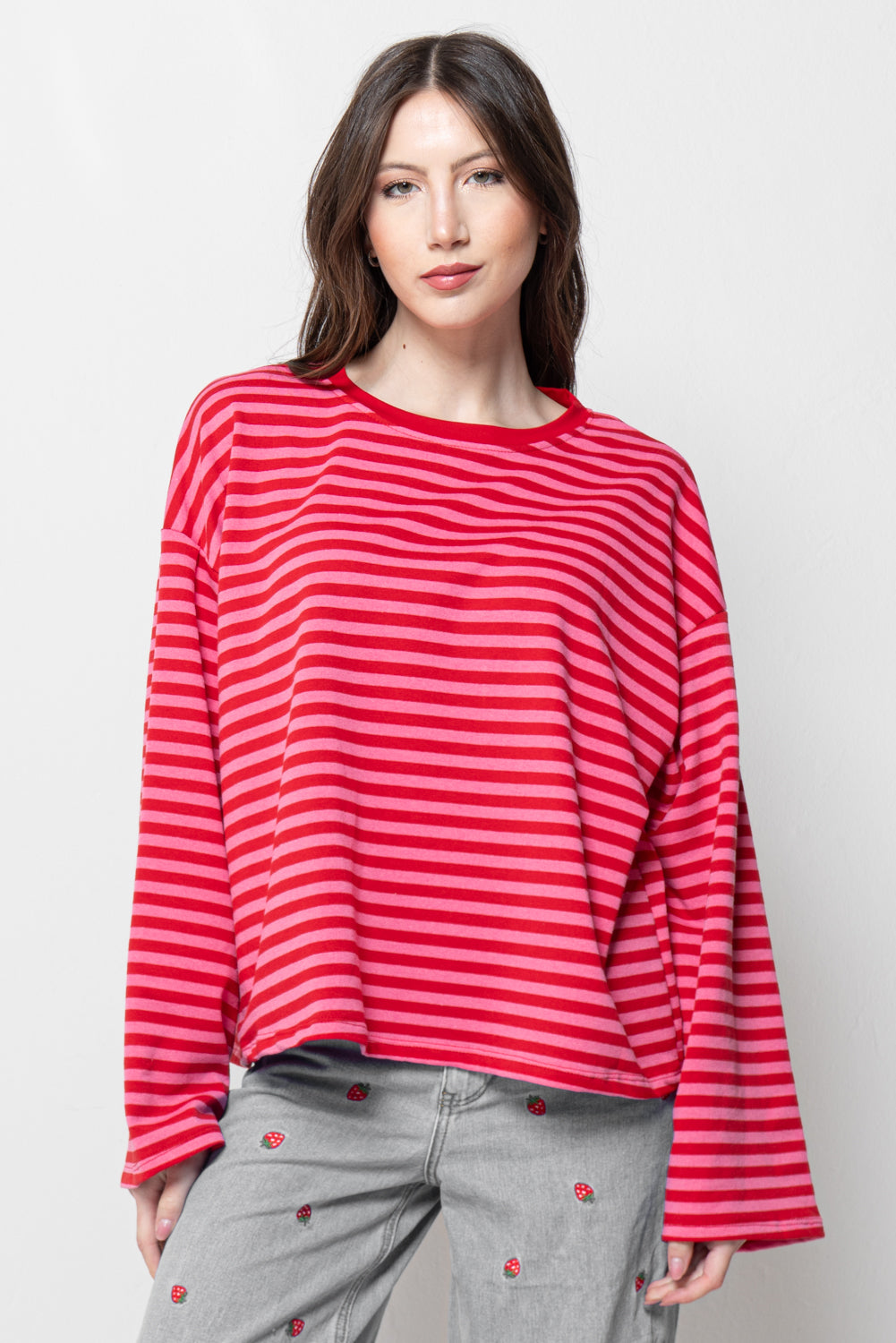 Maglia Donna Righe Rosse - Oversize Crop Casual Trendy