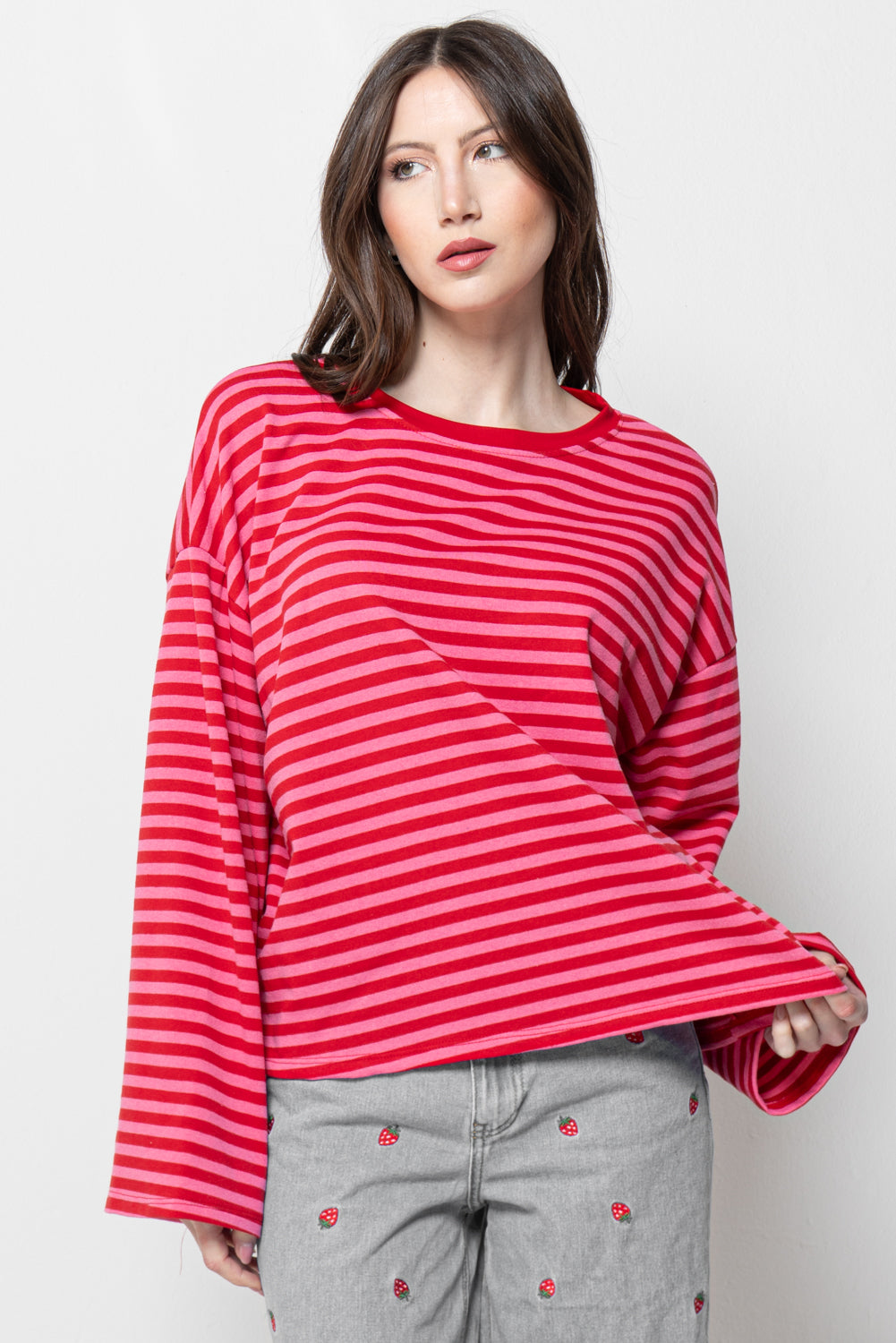 Maglia Donna Righe Rosse - Oversize Crop Casual Trendy