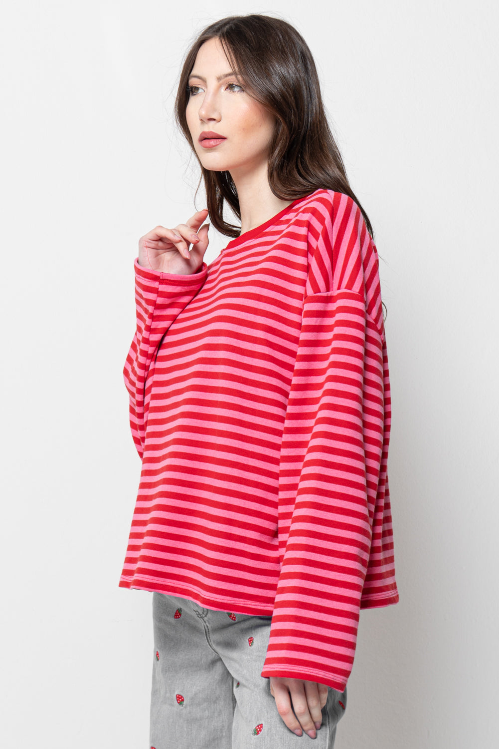 Maglia Donna Righe Rosse - Oversize Crop Casual Trendy