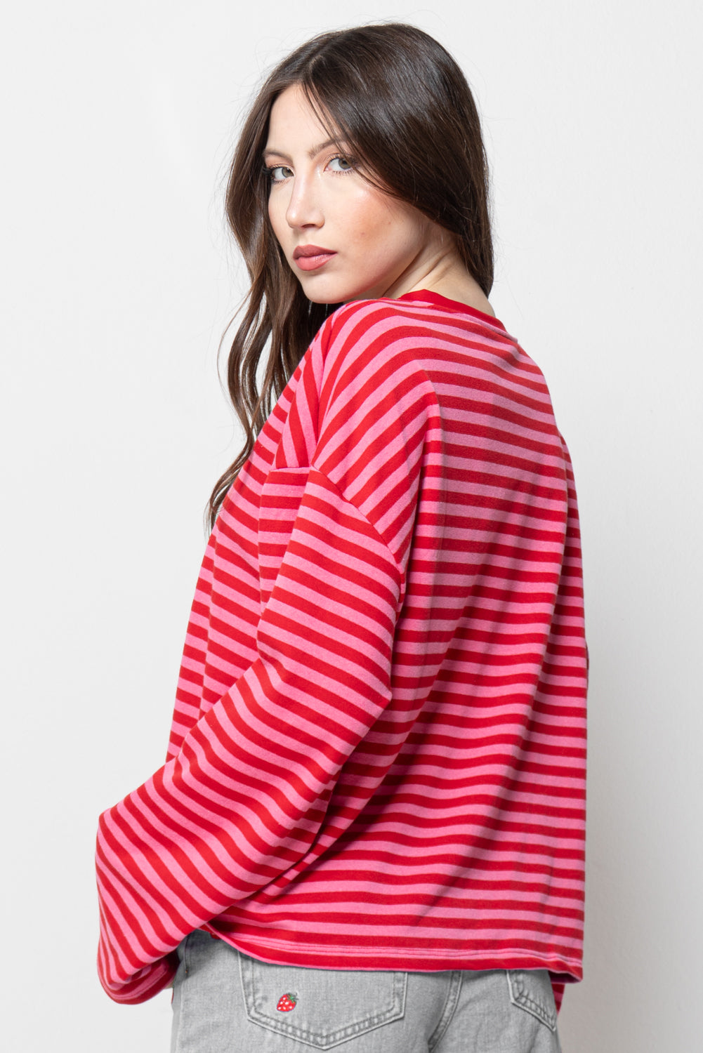 Maglia Donna Righe Rosse - Oversize Crop Casual Trendy
