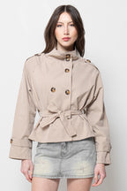 Giacca Trench Corta Donna Beige - Doppiopetto con Cintura Elegante