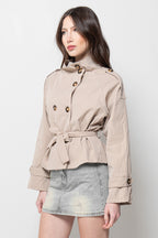 Giacca Trench Corta Donna Beige - Doppiopetto con Cintura Elegante