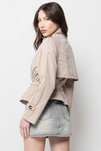 Giacca Trench Corta Donna Beige - Doppiopetto con Cintura Elegante
