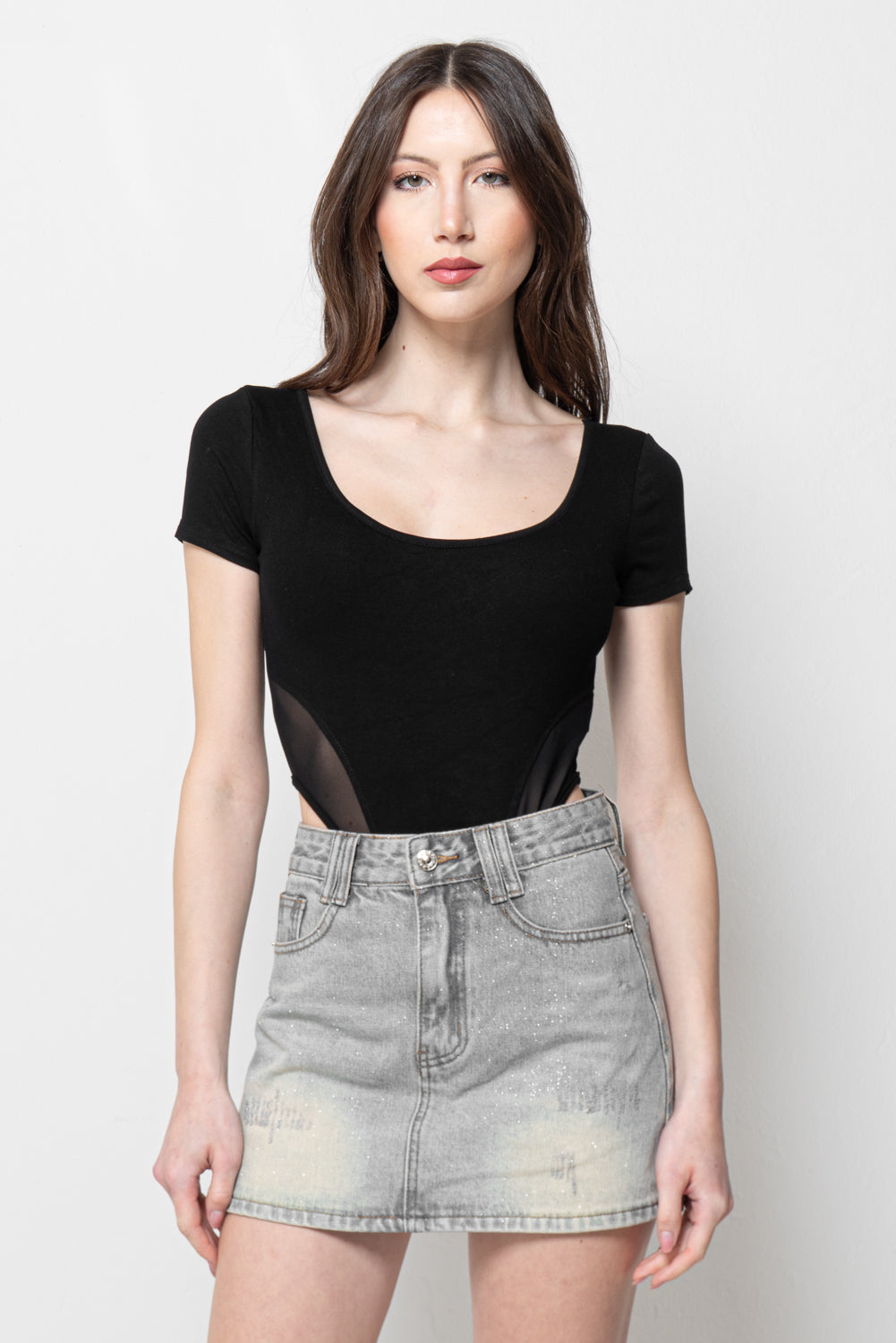 Body Donna Nero con Inserti Mesh - Schiena Intrecciata Sexy