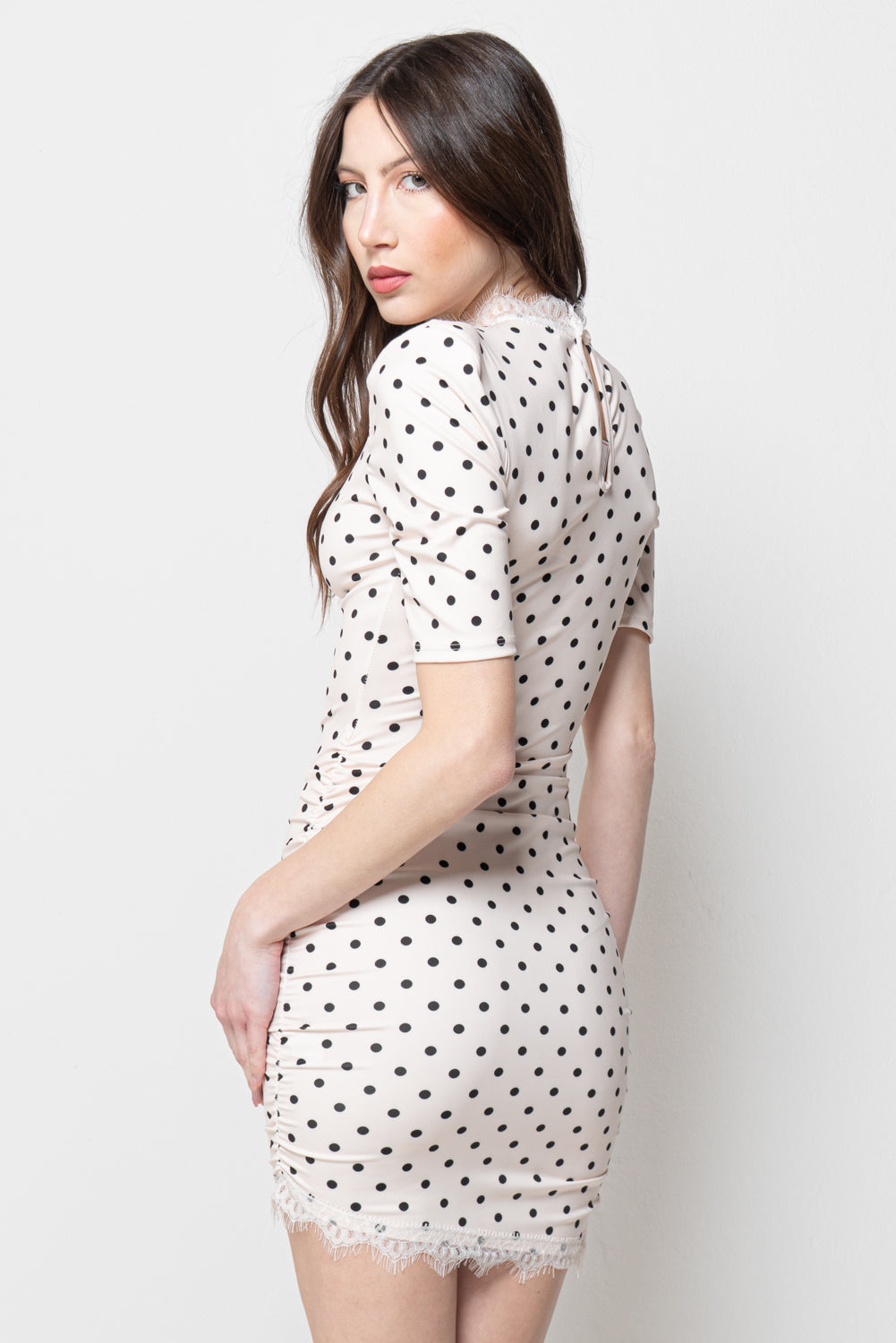 Vestito Miniabito Donna Pois con Pizzo
