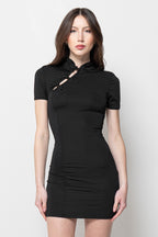 Vestito Miniabito Nero Donna Elegante con Collo Orientale