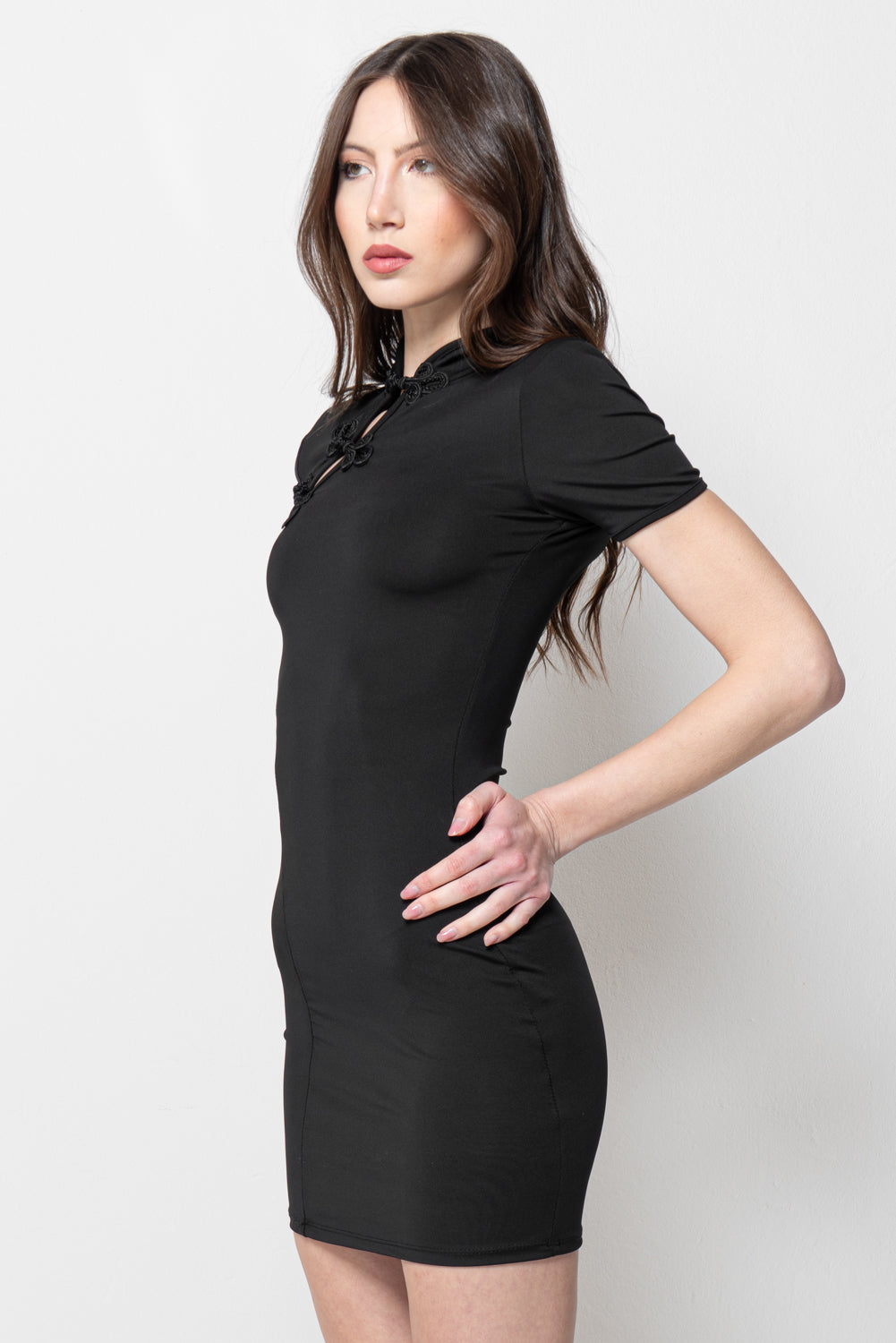 Vestito Miniabito Nero Donna Elegante con Collo Orientale