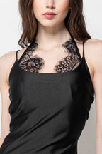 Vestito Miniabito Nero Satin Donna con Dettaglio Pizzo