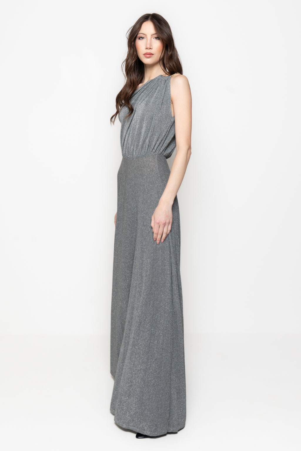 Abito Lungo Drappeggiato con Dettaglio Catena e Lurex