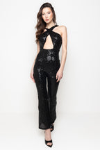 Tuta Flare in Paillettes con Cut Out Frontale