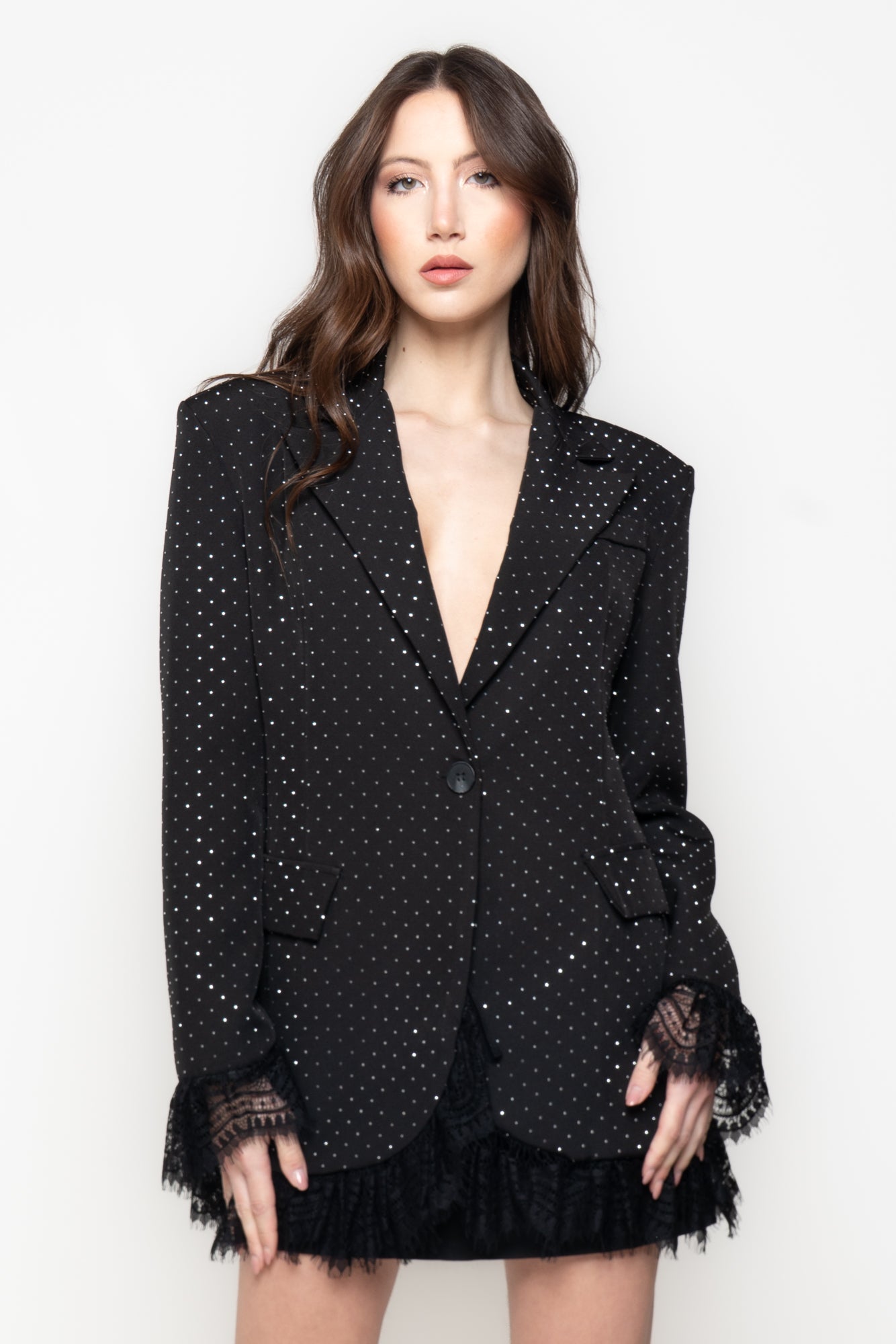 Blazer Nero Micro Strass con Polsi in Pizzo Immagine principale del prodotto