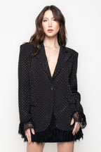 Blazer Nero Micro Strass con Polsi in Pizzo