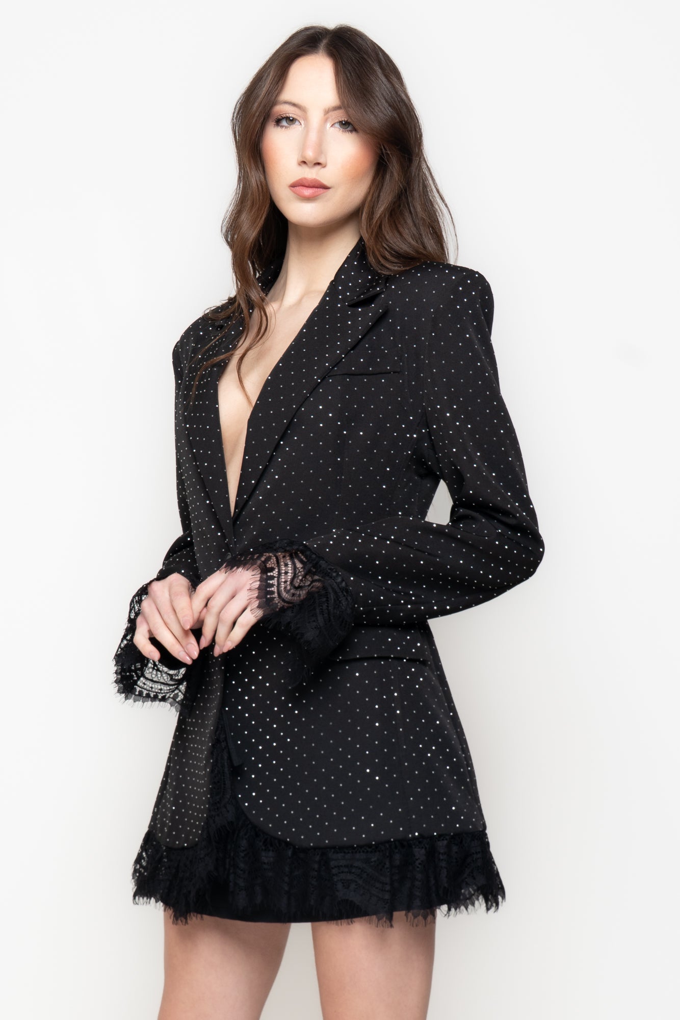 Blazer Nero Micro Strass con Polsi in Pizzo