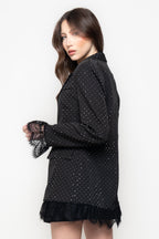 Blazer Nero Micro Strass con Polsi in Pizzo