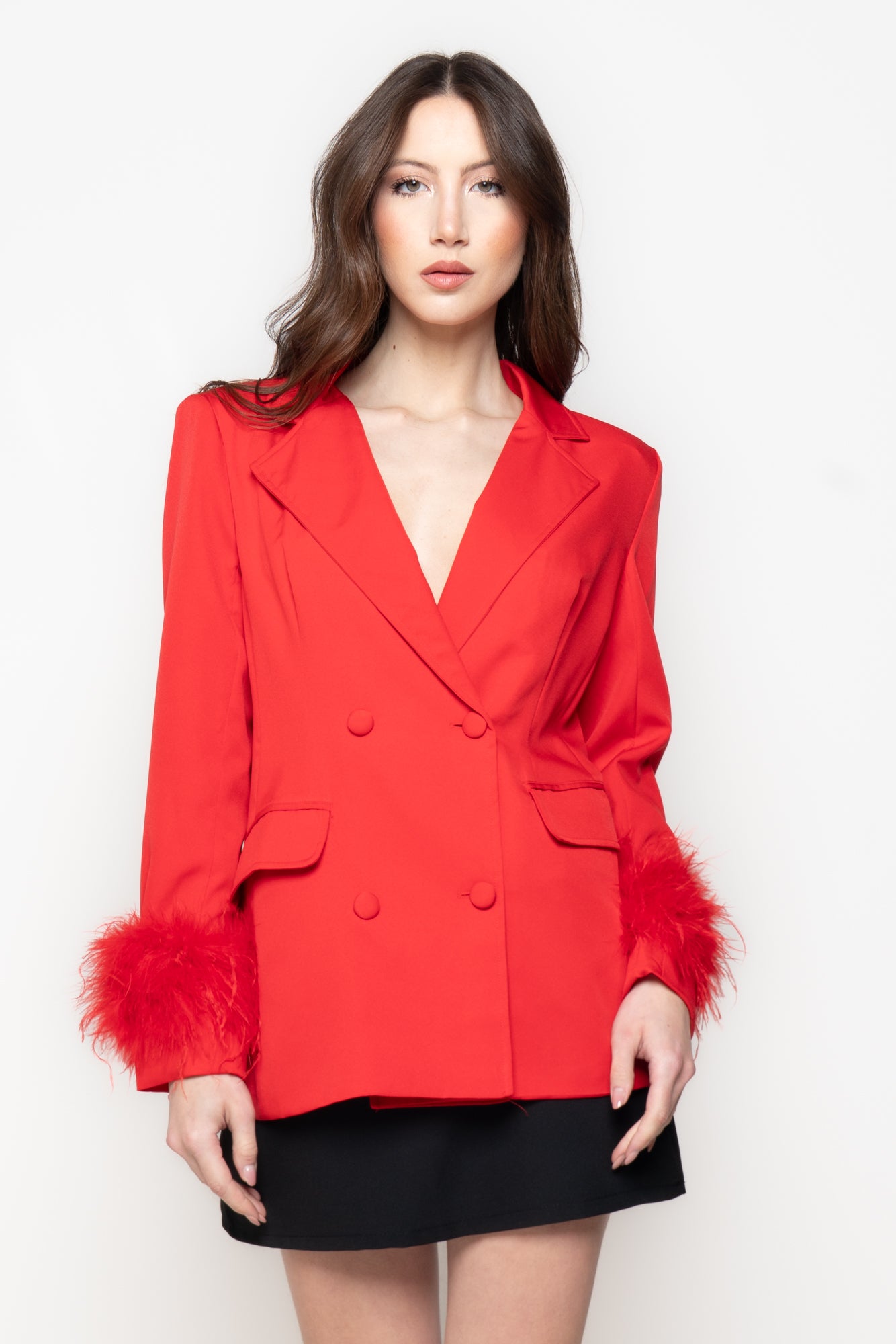 Blazer Doppiopetto con Polsi in Piume