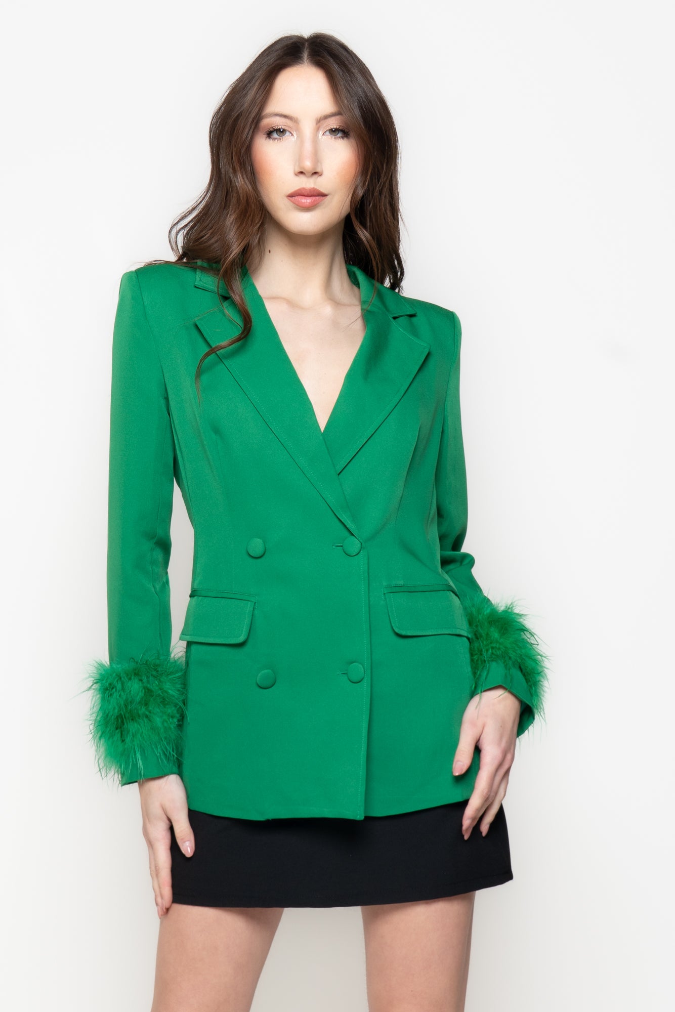 Blazer Doppiopetto con Polsi in Piume