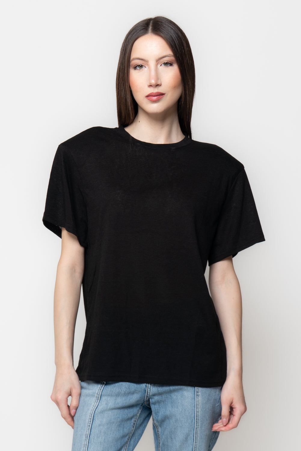 T-Shirt Donna Nera con Spalline Strutturate Oversize Immagine principale del prodotto