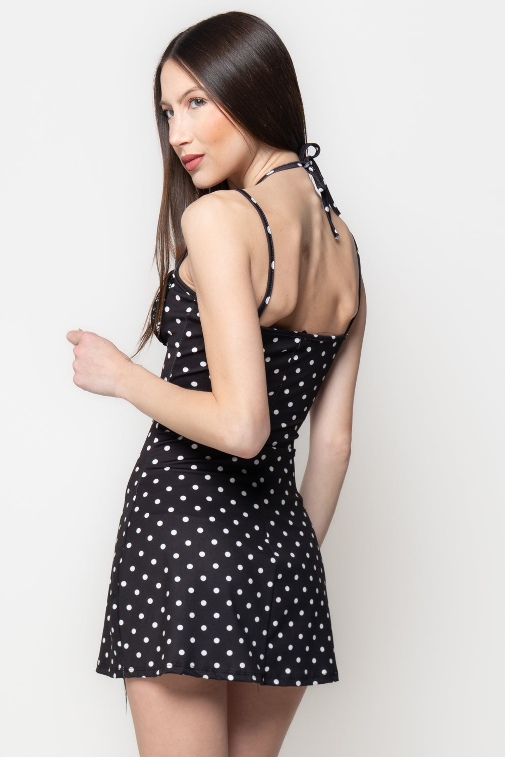 Miniabito Donna a Pois con Coppe in Pizzo e Spalline Incrociate