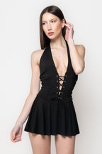 Abito Mini Nero Halter con Allacciatura Corsetto e Gonna Svasata