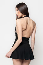 Abito Mini Nero Halter con Allacciatura Corsetto e Gonna Svasata