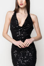 Abito Lungo Nero Elegante con Paillettes e Schiena Scoperta